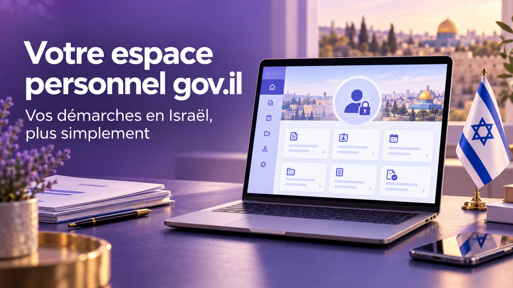 Illustration de l’espace personnel gov.il sur un ordinateur, avec un drapeau israélien et Jérusalem en arrière-plan.