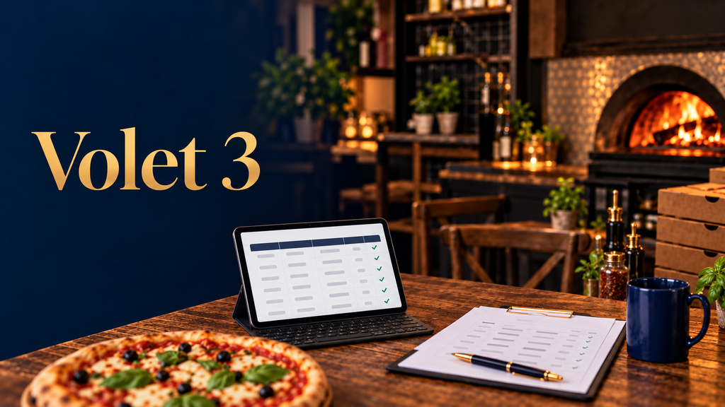Volet 3 du cas client pizzeria : tablette de suivi du food cost, bloc-notes et pizza devant un four à bois